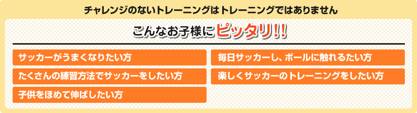 こんなお子様にぴったり!!
・サッカーがうまくなりたい方
・毎日サッカーし、ボールに触れるたい方
・たくさんの練習方法でサッカーをしたい方
・楽しくサッカーのトレーニングをしたい方
・子供をほめて伸ばしたい方